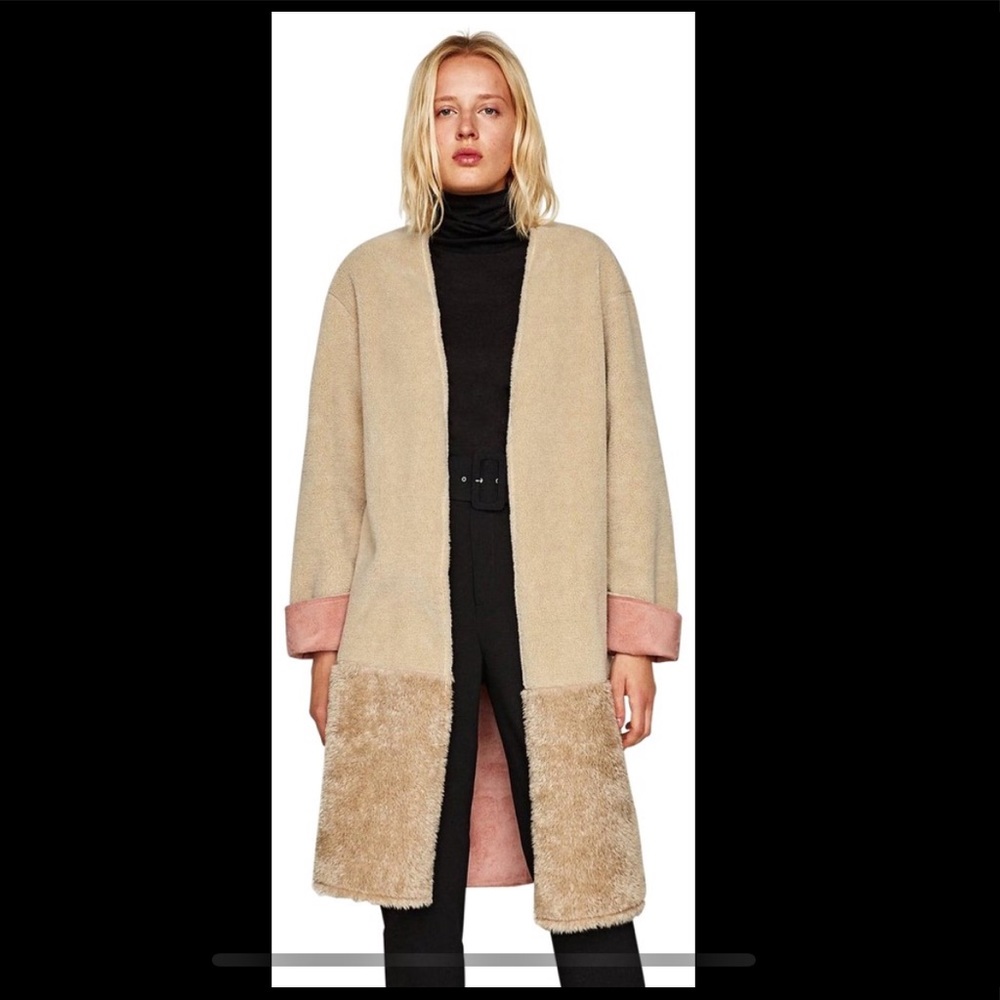 ZARA CREAM SHERPA FUR COAT. Pink liner inside.